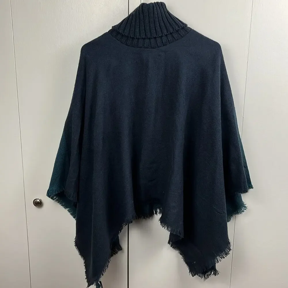 Tahari Poncho Ribbed Turtleneck Blue Fringed